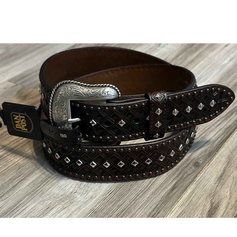 Dan Post Mens Handtooled Brown Leather Studded Western Belt Size 40 NEW